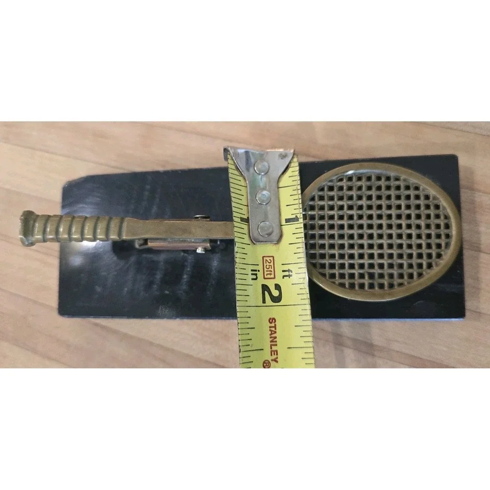 Vintage 80s Solid Brass Tennis Racket Desk Clip Letter Card Holder 6